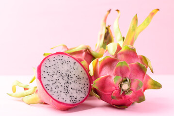 Fresh dragon fruit or pitaya on pink background, Tropical fruit