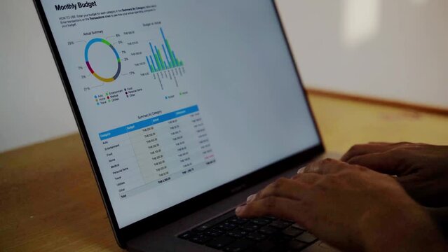 Analytical accountants design systematic reports using notebook computers to report business goals to key organizations.