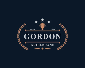 Vintage Retro Badge Grill Restaurant Barbecue Steak House Menu Emblem and Food Silhouettes Typography Logo Design