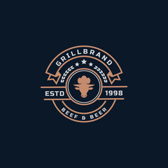 Fototapeta na wymiar Vintage Retro Badge Grill Restaurant Barbecue Steak House Menu Emblem and Food Silhouettes Typography Logo Design