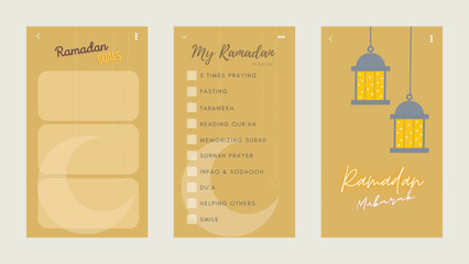 Set of template for mobile application planner with Ramadan theme consist with digital postcard, my ramadan to do list and goals