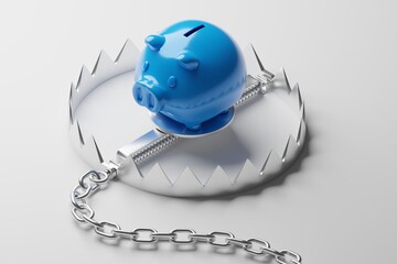 Isometric 3D rendering blue piggy bank with iron trap, Investment advisor saving risk concept design on white background with copy space - 494355171