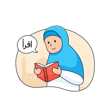 hijab muslim girl reading al quran holy book islam for ramadan activity  vector illustration outline flat cartoon design. Translate arabic : reading  Stock Vector | Adobe Stock