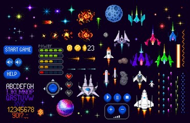 Space game asset 8 bit pixel art. Galaxy planets, rockets, starcraft, font and pixel art interface vector buttons. Retro arcade game spaceships, stars, explosion sprite effect and astronaut objects - obrazy, fototapety, plakaty