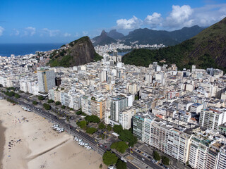 Naklejka premium Copacabana beach, Rio de Janeiro, Brazil. Beautiful seaside town with old white buildings. Drone aerial view.