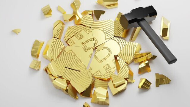 3D rendering gold Bitcoin Break down with hammer fall, Cryptocurrency investment technology digital money crash crisis concept design on white background animation 4K footage