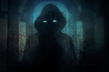 A horror concept of a spooky double exposure of a hooded figure. With glowing eyes. In a church. With a grunge, texture edit. © Dave