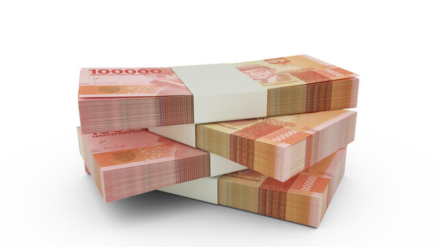 3d rendering of Stack of Indonesian rupiah notes. Few bundles of Indonesian currency isolated on white background
