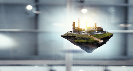 Industrial landscape with chimneys floating . Mixed media