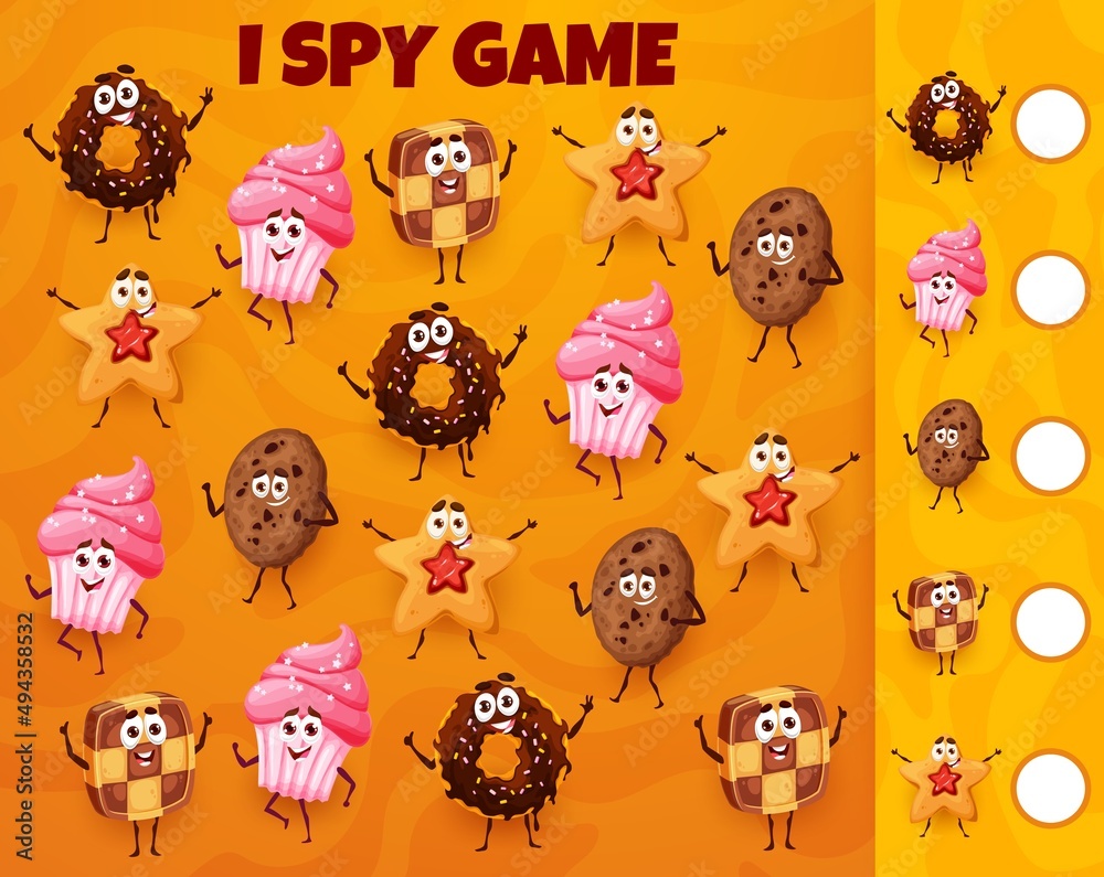 Poster cartoon bakery, pastry, cakes and cookies i spy game worksheet. matching and counting vector puzzle 