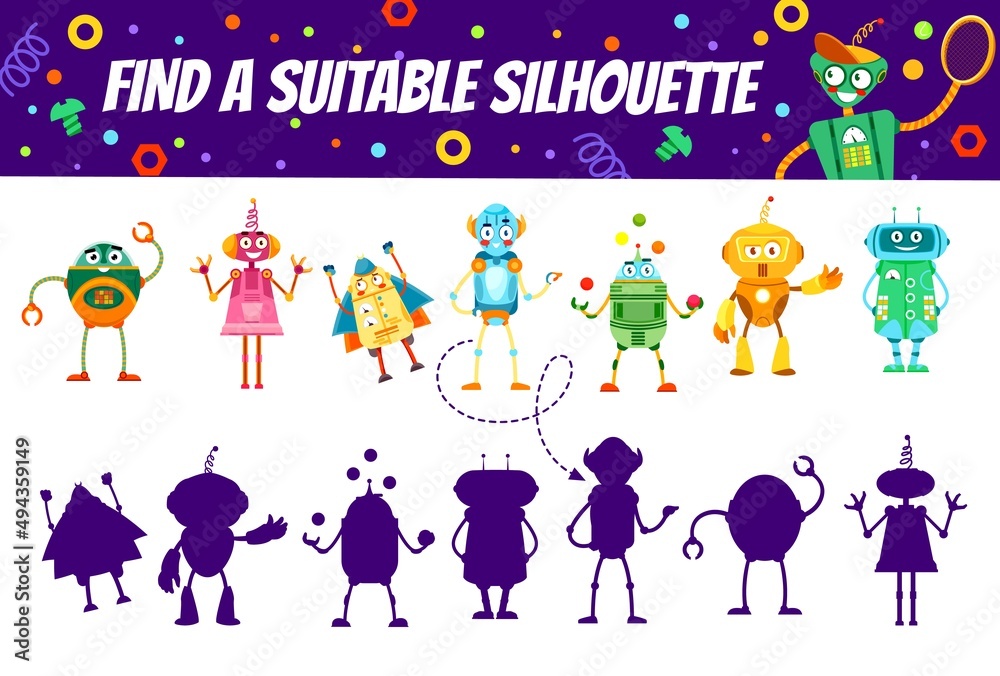 Poster Cartoon robots on find a suitable silhouette game worksheet. Logical playing activity, shadow compare educational riddle or vector puzzle with similarity and difference finding task and funny droids