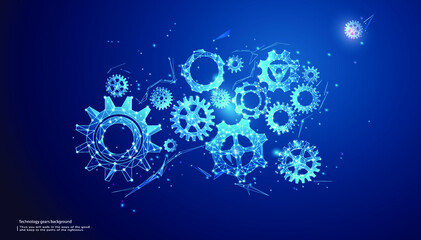 Abstract vector gear wheels in dark blue. Cogs and gear wheel mechanisms wireframe. Engineering or mechanical technology concept.