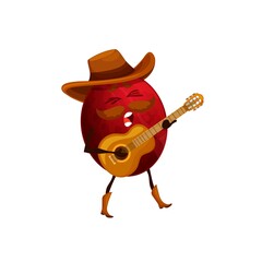 Cartoon passion fruit cowboy with guitar. Funny vector tropical fruit sheriff or ranger character playing on guitar and singing songs. Wild west mustached personage, healthy food