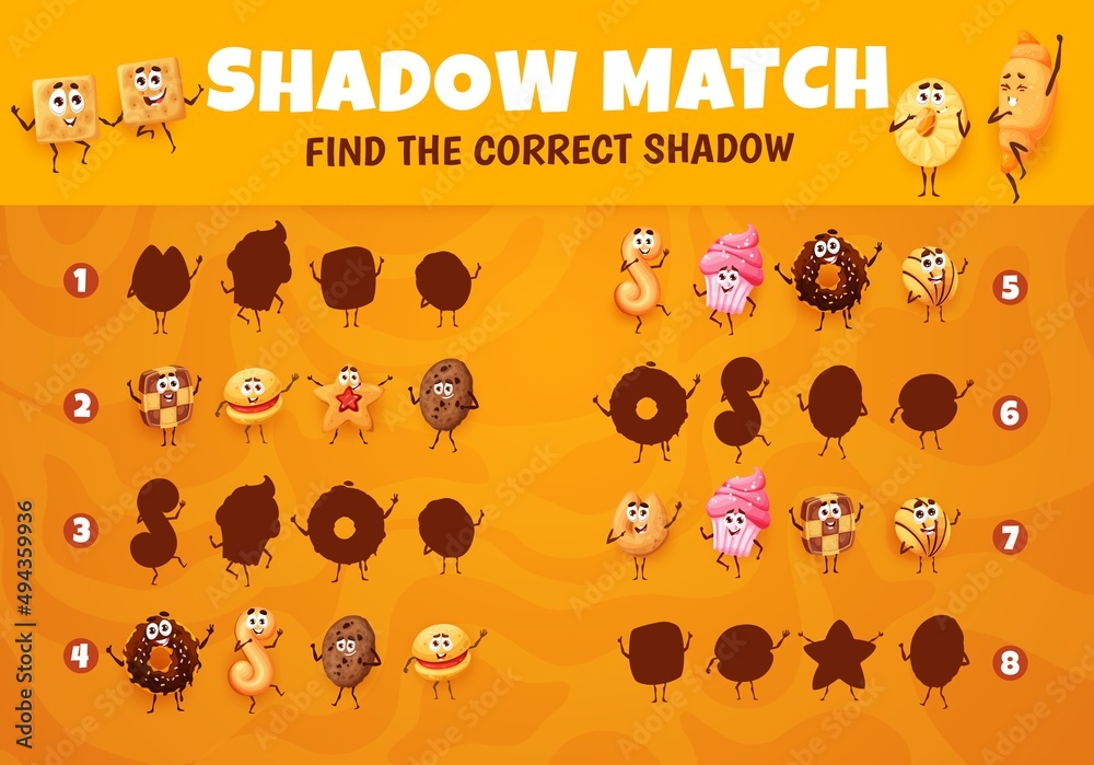 Poster cartoon cookies, desserts and bakery characters on shadow match game worksheet. preschool children l