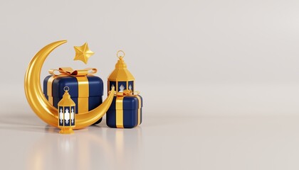 3d illustration of ramadan kareem with crescent moon, gift box, and islamic decoration