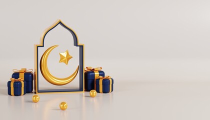 3d illustration of ramadan kareem with crescent moon, gift box, and islamic decoration