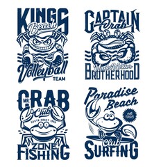 Surfing and fishing club, beach volleyball team t-shirt print with crab mascot. Angry and happy crabs character clenching teeth, smiling and clicking claws engraved vector. Coast leisure apparel print © Vector Tradition