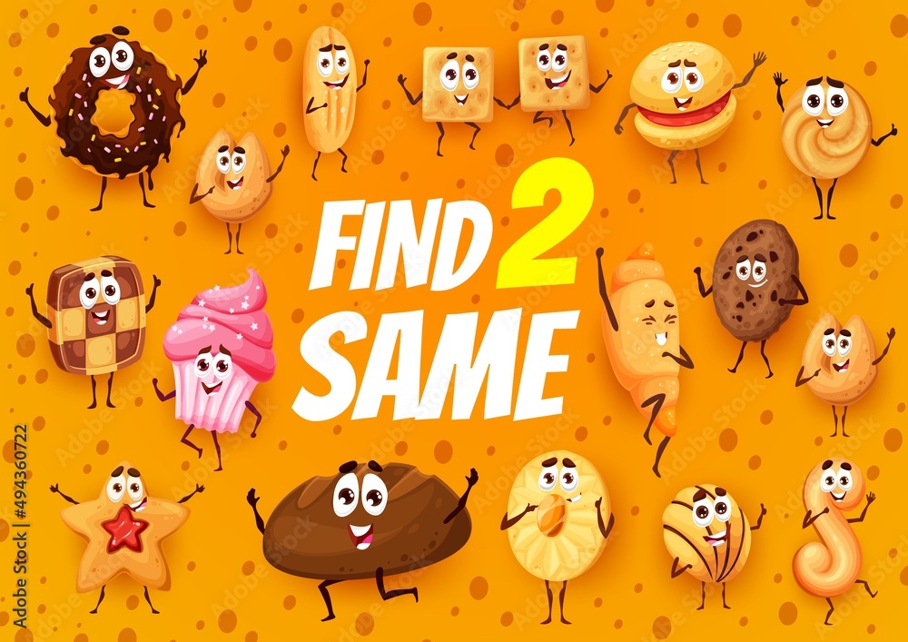 Aufkleber cartoon bakery, pastry, cakes and cookies, find two same personages game vector worksheet. brain puz