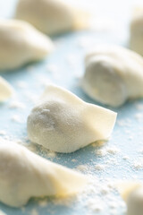 Close-up of wontons. Some freshly wrapped wontons were placed on a silicone mat. 