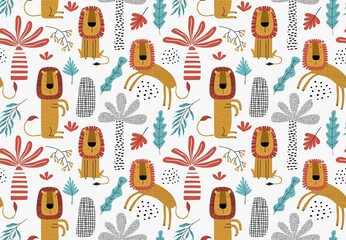 Seamless pattern with cute cartoon lion.