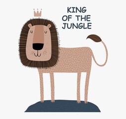 a cute funny lion in a crown. Isolated objects on white background. Scandinavian style flat design. Concept for children print.