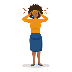 African woman having painful headache concept vector illustration. Migraine health problem flat design. Stressful at work. Office syndrome.