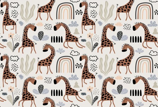 hand-drawn colored childish seamless repeating simple pattern with cute giraffes
