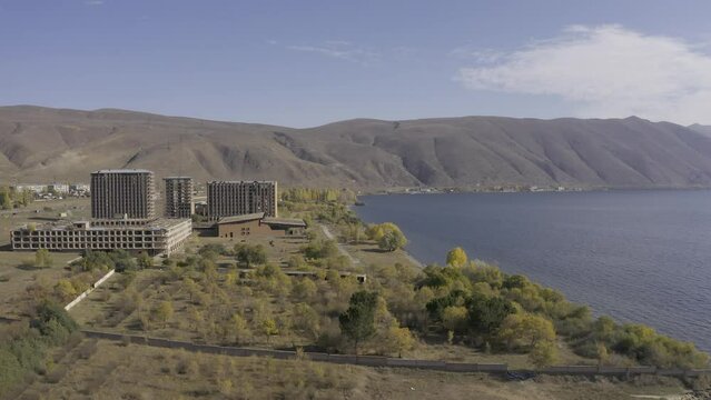 Aerial, Abandoned Buildings Along The Sevan Lake, Armenia