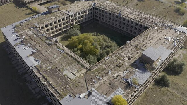 Aerial, Abandoned Buildings Along The Sevan Lake, Armenia