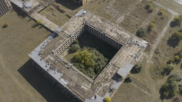 Aerial, Abandoned Buildings Along The Sevan Lake, Armenia