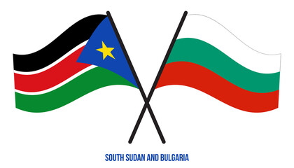 South Sudan and Bulgaria Flags Crossed And Waving Flat Style. Official Proportion. Correct Colors.