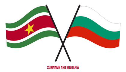 Suriname and Bulgaria Flags Crossed And Waving Flat Style. Official Proportion. Correct Colors.