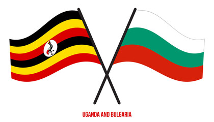 Uganda and Bulgaria Flags Crossed And Waving Flat Style. Official Proportion. Correct Colors.