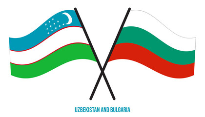 Uzbekistan and Bulgaria Flags Crossed And Waving Flat Style. Official Proportion. Correct Colors.