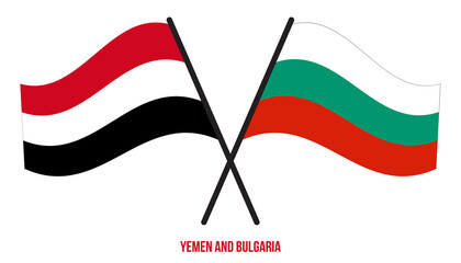 Yemen and Bulgaria Flags Crossed And Waving Flat Style. Official Proportion. Correct Colors.