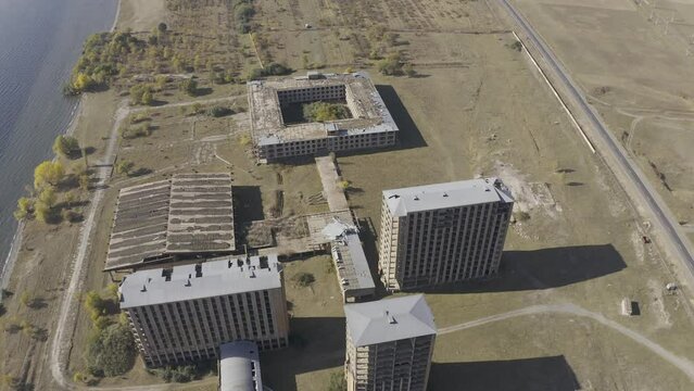 Aerial, Abandoned Buildings Along The Sevan Lake, Armenia