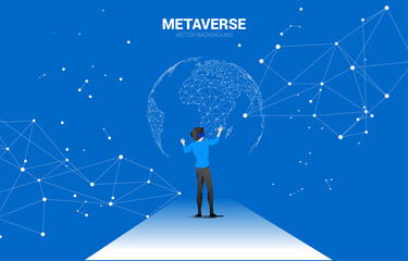 Silhouette man wear VR glasses with 3D world map. Concept of digital virtual reality technology and AR .