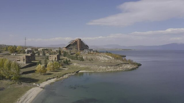 Aerial, Abandoned Hotel At The Sevan Lake, Armenia