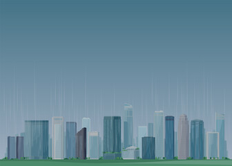 Rainy cityscape with dark sky background. Vector illustration of city landscape with modern downtown skyscrapers and buildings.