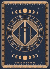The swords tarot card with engraving,  luxury, esoteric, fit for paranormal, tarot reader, astrologer or tattoo Premium Vector. 
Tarot Card Minimalist Vector Ilustration, The Swords