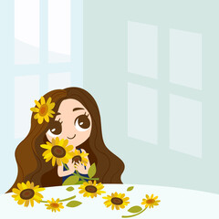 illustration of a girl holding sunflowers