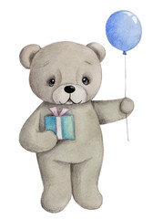 Watercolor hand drawn illustration of a cute cartoon toy animal - teddy bear. Isolated on white background.