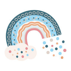 Cartoon funny rainbow. Cloud, rainbow and rain isolated on white background. Cute baby vector illustration isolated on white background for baby shower, party, baby poster, clothes.