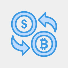 Exchange dollar and bitcoin icon in blue style about currency, use for website mobile app presentation