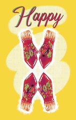 Christmas cards. New Year greeting cards with mittens. Colour for the next fashion season.