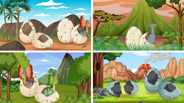 Four scenes with dinosaur eggs in forest