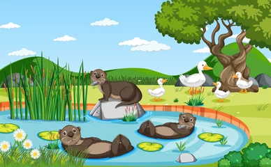 Pond in the forest background with otters and ducks © blueringmedia