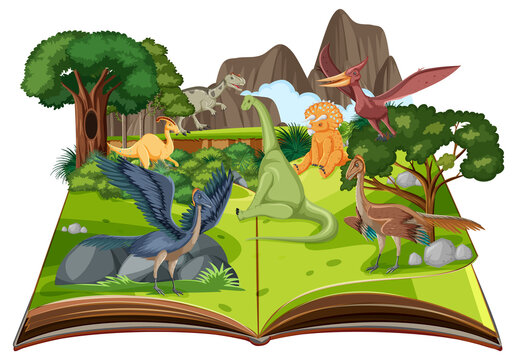 Pop up book with outdoor nature scene and dinosaur
