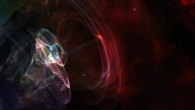 Abstract Twisted multicolored Unidentified Spinning Plasma cosmic cloud wave Object. 4K 3D rendering of abstract art unidentified glow mysterious object rotates against dark sky in deep space. Fantasy