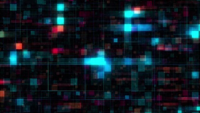 4K 3d rendering Abstract digital technology orange white blue grid line distort mosaic tile pattern loop motion. Twinkling blinking shining squared with flicker electrical line.Hi-tech futuristic 
